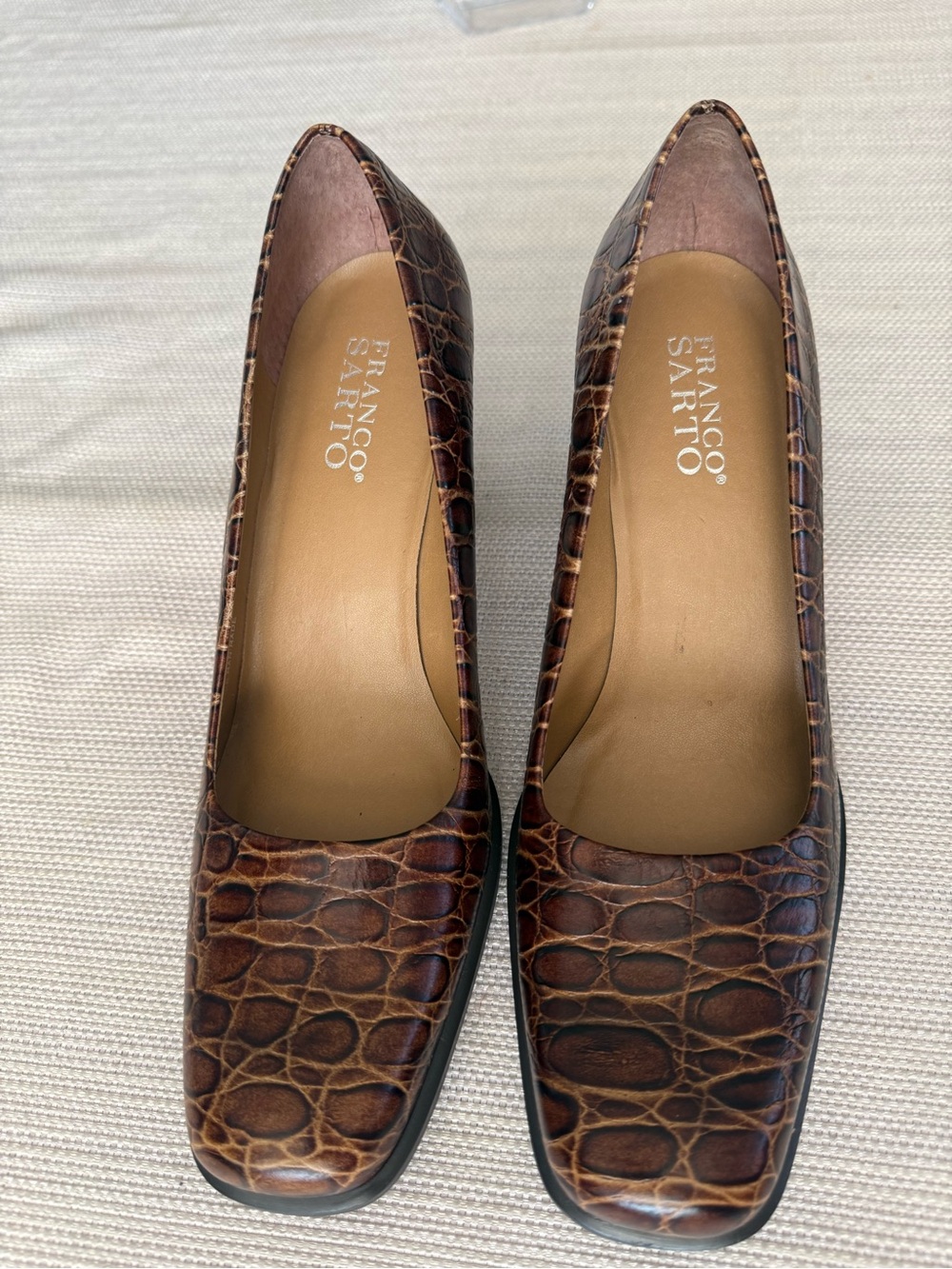 Franco Sarto Croc-Embossed Brown Leather Block Heels - Picture 7 of 11